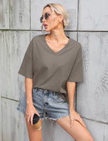 1 x RAW Customer Returns TOMEEK Women s V-Neck T-Shirt Short Sleeve Summer Oversize Shirts Cotton Basic Casual Top Loose Blouse Wide Shoulder T-Shirts Dark Gray, L  - RRP €23.9