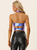 1 x RAW Customer Returns Allegra K Women s Crop Top V-Neck Metallic Halter Backless Holographic Tops Blue Purple S - RRP €30.24