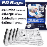 1 x RAW Customer Returns Vacuum Bags Clothing Accenter Vacuum Bags for Clothing Reusable Vacuum Bags for Clothing Pack of 20 4 Jumbo 100x80cm 5 Large 80x60cm 5 Medium 70x50cm 6 Small 60x40cm - RRP €31.25