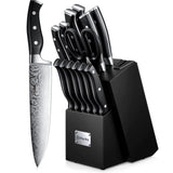 1 x RAW Customer Returns D.Perlla knife block set, 14-piece self-sharpening knife block, sharp stainless steel knife set with plastic handle and wooden block, professional kitchen knife set, black - RRP €80.66