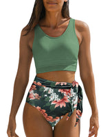 1 x RAW Customer Returns Dokotoo Women s Bikini Set High Waist Tummy Control Swimwear Floral Print Two Piece Swimsuit Side Tie Swimsuit, Green, L - RRP €34.99