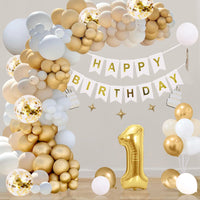 1 x Brand New QIUQI 1st Birthday Decoration Beige, 1 Year Decoration Birthday, Decoration 1st Birthday Baby, White Gold Beige Balloon and HAPPY BIRTHDAY Banner for Baby Shower Decoration - RRP €15.02