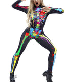 1 x RAW Customer Returns IDGREATIM Womens Halloween Catsuit 3D Colorful Skeleton Print Zipper Back Halloween Cosplay Costumes Long Sleeve Skinny Catsuit Full Bodysuit M - RRP €21.73