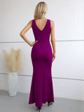 1 x RAW Customer Returns Laughido Elegant Cocktail Dress Maxi Dress Festive Party Dress Women s Summer Dress Wrap Dress Bodycon Long Wedding Evening Dresses Purple, Small  - RRP €48.99