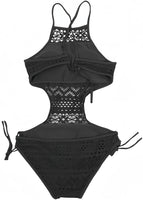 1 x RAW Customer Returns Ocean Plus Women s Black High Neck Swimsuit Halter Neck Lace One Piece Cut Out Padded M 34, A-Black  - RRP €23.62