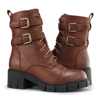 1 x Brand New Hawkwell women s combat boots side zip buckle chunky ankle boots, brown EU 38 - RRP €59.99