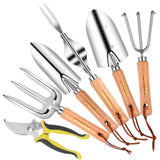 1 x RAW Customer Returns YAUNGEL Garden Tool Set, 6-Piece Heavy-Duty Stainless Steel Garden Tools with Non-Slip Wooden Handle, Flower Scissors, Trowel, Hand Rake, Weeder - Garden Gifts for Women Men - RRP €18.68