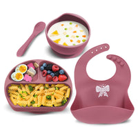 1 x RAW Customer Returns Baby Plate with Suction Cup Silicone Tableware Set Children s Plate Bowl Bib and Spoon Children s Tableware Set Non-Slip for Girls, BPA Free and Dishwasher Safe, Cherry - RRP €20.1