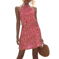 1 x RAW Customer Returns Women s Halter Neck Summer Dress Sleeveless Short Casual Polka Dot Dress Boho Summer Dress Beach Dress Party Dress Mini Dress with Elastic Waist Band L-Red  - RRP €24.0