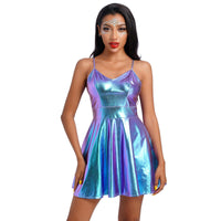 1 x RAW Customer Returns Women s Shiny Metallic Mini Dress A Line Sleeveless Holographic Pleated Dress Disco Night Club Dance Party Dress Halloween Carnival Alien Costume Space Girls Rave Outfit Blue L - RRP €27.83