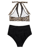 1 x RAW Customer Returns RXRXCOCO Women s Mesh Halter Neck Backless Tummy Control High Waist Bikini Set Push Up Sexy V Neck Two Piece Swimsuits Swimwear Leopard Size L - RRP €40.99