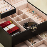 3 x Brand New Jewelry box with 2 levels and a drawer, jewelry box with key, black jewelry box for rings, earrings, necklaces and watches, gift for your loved ones - RRP €81.66