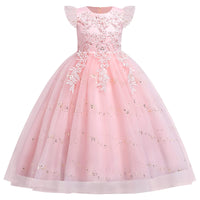 1 x RAW Customer Returns IMEKIS Girls Princess Dress Flowers Appliques Wedding Party Dress A-Line Sequins Festive Tulle Tutu Birthday Pageant Long Prom Ball Gown Pink 6-7 Years - RRP €35.78