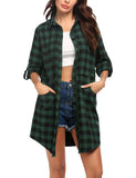 1 x RAW Customer Returns UNibelle Blouse Women s Checked Blouse Button Down Shirt Long Sleeve Shacket Long Shirt Casual V-Neck Tops Green L - RRP €27.99