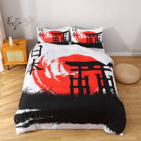 3 x Brand New Japanese Torii 3-piece bed linen 200 x 200 red microfiber duvet cover and pillowcase 80 x 80 with non-iron zipper, Asian style bed linen set black easy-care and breathable - RRP €107.97