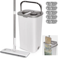 1 x RAW Customer Returns Midyb mop set with bucket, cleaning bucket with mop 10 microfiber pads, floor mop set with wringing function 140cm stainless steel handle for all floors, white - RRP €47.39