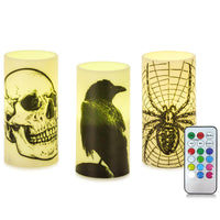 12 x Brand New Romadedi Halloween LED Candles Decoration - Set of 3 Flameless Battery Pillar Candles with Remote Control Timer Gothic Horror Skull Skeleton Decoration Candle Table Decoration for Outdoor Indoor Party - RRP €179.88