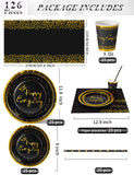 1 x RAW Customer Returns Nkaiso party tableware children s birthday, 126 pieces black gold paper plates children s birthday girl party set with party plates, paper cups, napkins and straws for 25 guests - RRP €20.34