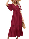 1 x RAW Customer Returns KOJOOIN women s summer dress lace short sleeve maxi dresses boho beach dress long ruffle flounce dress V-neck casual dress with buttons party dress REUSEABLE packaging , A-wine red, XXL - RRP €36.29