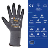 10 x Brand New HPHST SF001TS Nitrile Work Gloves, Nitrile Coated Micro-Foam Technology and Spandex Lining, CE Approved, Ergonomic Design, Smart Touch, Machine Washable, Gray, Pack of 12 Pairs - RRP €204.0