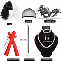 1 x RAW Customer Returns Shinybox Cruella Women s Wig, Pack of 8 70s Accessories, Short Black and White Wig with Gloves, Lace Mask, Pearl Necklace, Bracelet, Earrings, Women s Costume for Carnival Cosplay - RRP €18.99