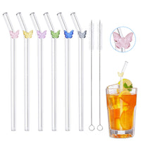 1 x RAW Customer Returns Glass straws, 6 pieces of transparent long glass straws, butterfly glass straws, reusable, shatter-proof glass straws with 2 cleaning brushes, curved glass straw for juices and smoothies - RRP €12.14