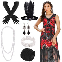 1 x RAW Customer Returns FEPITO Women s 1920s V-Neck Sequin Fringe Dress with 20s Accessories Style 4 Red style 4 , Medium  - RRP €38.59