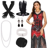 1 x RAW Customer Returns FEPITO 1920s V Neck Sequin Beaded Fringe Dress with 20s Accessories Set Red Style 4 , Medium  - RRP €38.59