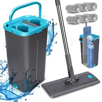 1 x RAW Customer Returns MASTERTOP mop and bucket set, 141cm flat floor mop with 6 microfiber pads for wet and dry use, 2 in 1 complete set mop with wringing function for all hard floors, gray blue - RRP €44.26