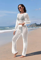 1 x RAW Customer Returns Viottiset Women Bikini Coverups Set 2-Piece Crochet Long Sleeve Crop Top Wide Leg Pants Beach Outfits Summer White S - RRP €27.19