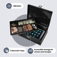 1 x RAW Customer Returns Flexzion Cash Box Lockable with 7 Compartments, Steel Money Box, Portable Money Organizer with Handle Cylinder Lock 2 Keys Coin Insert for Coin Note Jewelry, 28 x 20 x 9 cm, Black - RRP €26.16