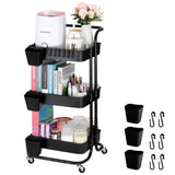 1 x RAW Customer Returns bemece 3 Tier Rolling Cart, Kitchen Cart with Hooks and Hanging Cup, Serving Cart for Kitchen, Bathroom, Office, Home Black  - RRP €27.64