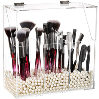 1 x RAW Customer Returns Okllen Makeup Brush Holder with Dustproof Lid, White Pearls, Transparent Acrylic Makeup Brush Organizer with 3 Compartments, Cosmetic Brush Storage Box for Vanity, Bathroom, Bedroom - RRP €23.99