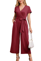 1 x RAW Customer Returns OUGES Jumpsuit Women Summer Elegant Overall Long Playsuit Short Sleeve Casual Trouser Suit with Pockets Wine Red, L  - RRP €39.31