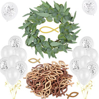 4 x Brand New Communion decoration set, baptism decoration boy girl, wooden fish decoration, wooden fish scatter decoration, green leaves garland, white balloons communion dove candle cross, table decoration confirmation scatter decoration - RRP €69.2