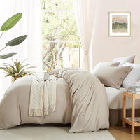 1 x RAW Customer Returns Lanqinglv bed linen 135x200 cm 2-piece linen grey - bed linen taupe 1 duvet cover 135x200 cm 1 pillowcase 80x80 cm, OEKO-TEX bed linen sets microfiber with button closure - RRP €29.23