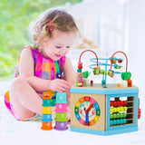 1 x RAW Customer Returns Jacootoys Wooden Activity Cube, 7-in-1 Wooden Motor Skills Cube Educational Bead Maze Sorting Toy for Children Babies Boys Girls - RRP €46.49