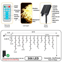 1 x RAW Customer Returns GCMacau Ice Rain Fairy Lights Christmas Lights Outdoor Solar 12m 5m , Fairy Lights Warm White 506LEDs, 8 Modes, Expandable, 101 Drops, USB Power Supply, IP65 Waterproof with Remote Control Timer - RRP €43.36