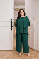 1 x RAW Customer Returns Hanna Nikole Women s Plus Size Trouser Suit Chiffon Shirt Irregular Collar Batwing Sleeves Chiffon Shirt 2 Piece Set Occasion Trousers Chiffon Shirt Dark Green 50 - RRP €73.61