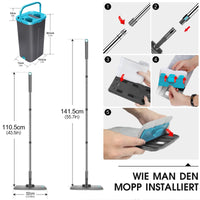 1 x RAW Customer Returns MASTERTOP mop and cleaning bucket set, 141cm flat floor mop with 6 microfiber pads for wet and dry use, 2 in 1 complete set of mop with wringing function for all hard floors, gray blue - RRP €46.89