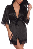 1 x Brand New FEOYA Women s Satin Dressing Gown Kimono Long Bathrobe Pajamas Negligee Nightdress Sleepwear Underwear V Neck with Belt Black L - RRP €27.6