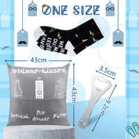 3 x Brand New Queekay set including 43 x 43 cm pillow cover with pockets for filling socks with saying stainless steel bottle opener and bag clip funny gifts for father men - RRP €36.0