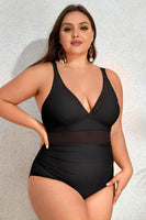 1 x RAW Customer Returns Hanna Nikole Swimsuit for Women V Neck Sheer Mesh High Waist Tummy Control Stripe Ruched Push Up Elastic One Piece Plus Size Swimwear Black, 48 - RRP €36.29