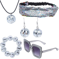 1 x RAW Customer Returns Pack of 5 disco ball mirror ball party earrings necklace set, metallic disco ball white necklace bracelet women s glitter hair bands sequins headband diamond sunglasses - RRP €14.11