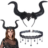 1 x Brand New Queen horns headdress, horn headpiece for women, Halloween headdress horner, 2 pieces queen horns with gothic retro lace necklace, devil horns for carnival, masquerade, cosplay, carnival, fancy dress - RRP €7.04