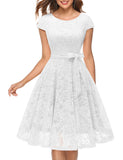 1 x RAW Customer Returns MUADRESS 6008 Short Pleated Lace A-Line Cocktail Dress with Belt and Short Sleeve Elegant Women White L - RRP €42.99