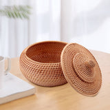 1 x RAW Customer Returns Smallterm Round Rattan Box, Wicker Fruit Basket with Lid Bread Basket Tray Storage Basket Wicker Weave Basket for Bread, Snack - RRP €27.64