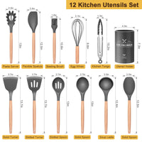 1 x RAW Customer Returns 12 Piece Kitchen Utensil Set, Silicone Kitchen Utensils Set, Non-Stick Heat Resistant Wooden Handle Cooking Cutlery with Utensil Holder, Silicone Spatula Cookware Set, Dishwasher Safe Gray  - RRP €20.16