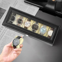 1 x RAW Customer Returns AN HUI MING watch box for 6 compartments watch case PU cover watch stand with glass lid for watch storage - RRP €20.4