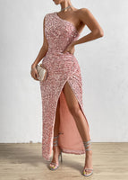 1 x RAW Customer Returns Justchicc Women Sexy One Shoulder Sleeveless Sparkling Sequin Party Dress Maxi Dress Pink Medium - RRP €60.49